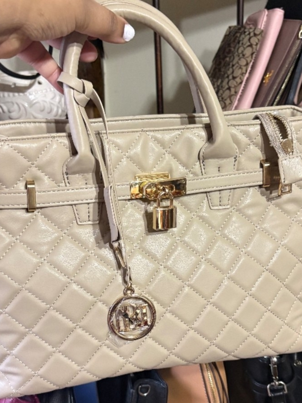 Badgley Mischka Quilted Cream Satchel with Gold Hardware